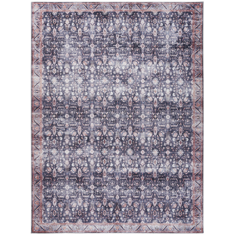 Fien Machine Washable Persian Navy Ivory Area Rug, Rectangle 7'10" x 9'10"
