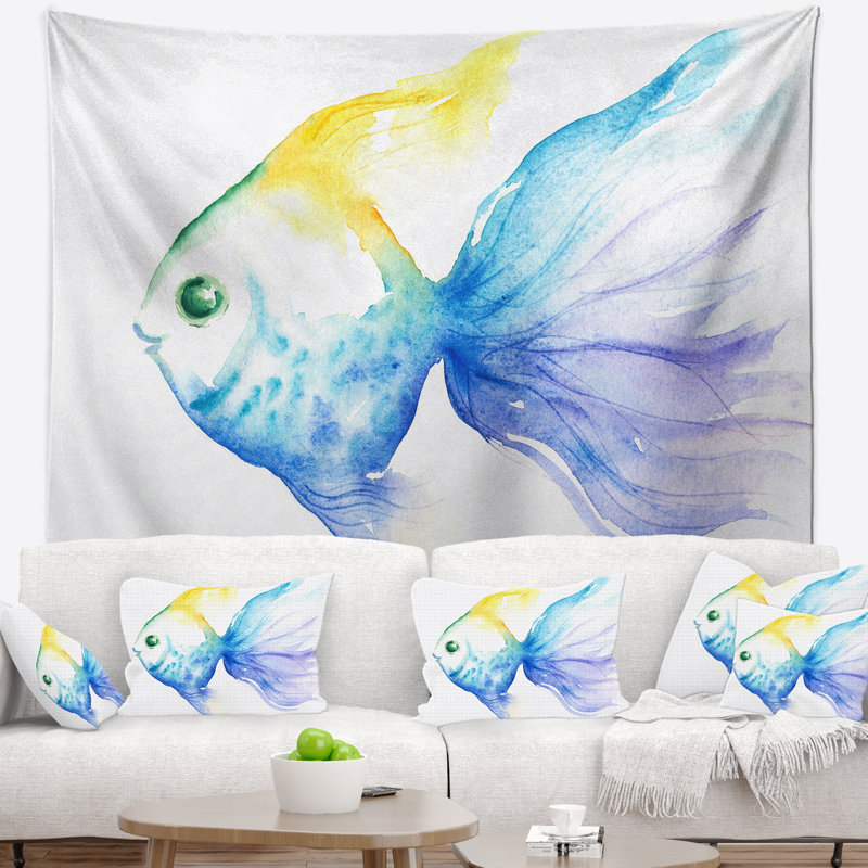 Belle tapisserie aquarelle «Blue Fish», H 32 po x l 39 po