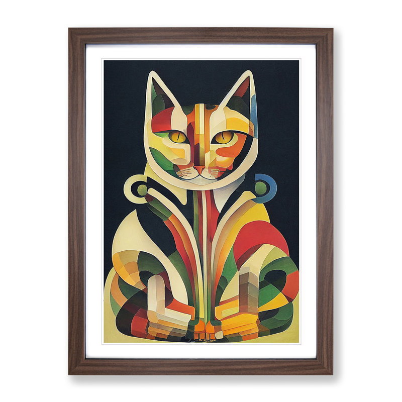 Cat In Art Nouveau No.4 - Single Picture Frame Print, 46cm H x 34cm W x 2cm D, Walnut
