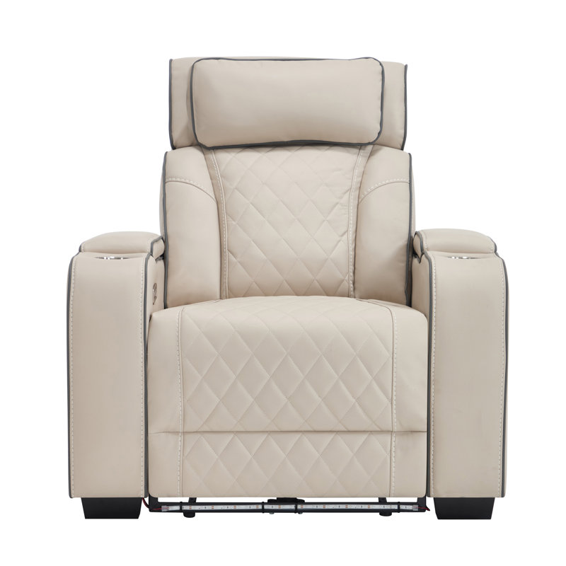 Faux Leather Electric Reclining Sofa, Beige, 1