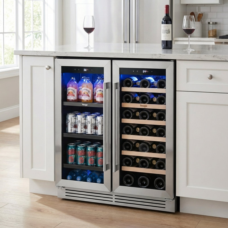 30 Inch Wine And Beverage Refrigerator, 28 Bottle and 120 Can Built-in  Dual-zone Wine Cooler Fridge With French Door - Stainless Steel