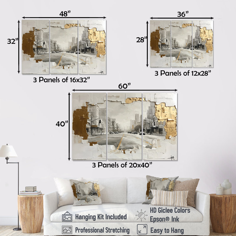 Los Angeles en or et tons de gris II - ensemble d'art mural Los Angeles, Toile tendue, H 28 po x l 36 po x P 1 po