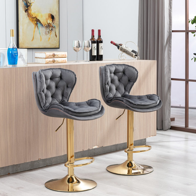 Two Bar Stools In Gray, Footrest & Base, Swivel Height Adjustable Via Mechanical Lifting, Velvet + Golden Leg Decoration 2pcs Stools, Gray Cover, And With Lift, Legs