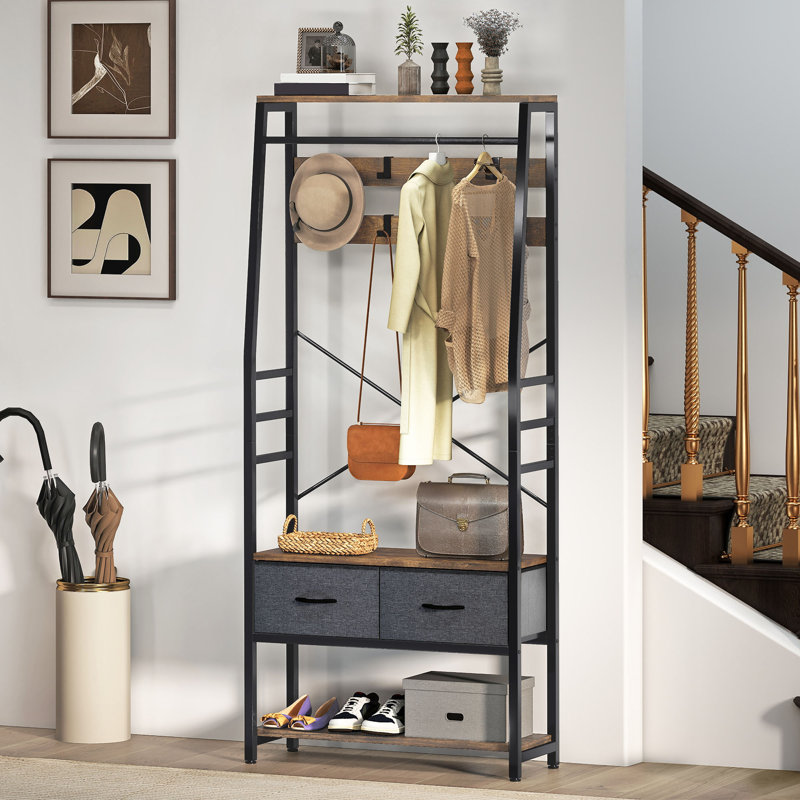 Hall Tree 80cm Wide with Bench and Shoe Storage, Brown