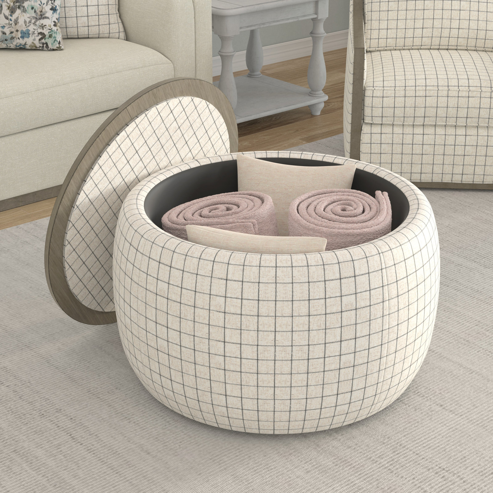 Icarus Upholstered Storage Ottoman with Wood Top, Charcoal Windowpane Polyester