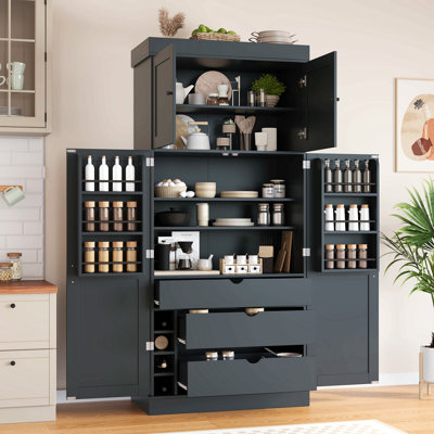 77'' Tall Freestanding Kitchen Pantry, 35''Lx17.7''W Modern Shaker Style Cupboard Storage Cabinet with Adjustable Shelves,Door Shelves, Drawers and Wine Racks