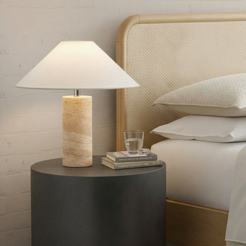 Runo 14 In. Modern Led Table Lamp With Fabric Drum Shade, Natural Travertine Stone Base, Stone, Cream
