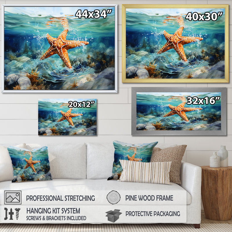 «Orange Oasis Watercolor Starfish» - Étoile de mer, art mural, Cadre flottant noir, H 12 po x l 20 po x P 1 po