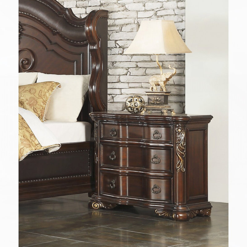Table de chevet à 3 tiroirs cerisier, mobilier de chambre à coucher royal avec poignées anneaux