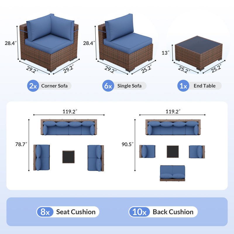 Ensemble de conversation modulaire en rotin avec table basse, Bleu