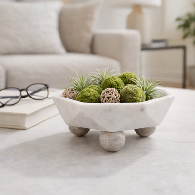 Decorative Hexagon Marble Bowl With Ball Feet For Home Decor - Modern Accent Bowl For Vanity Table, Living Room, Or Office Decor - 10", White & Tan