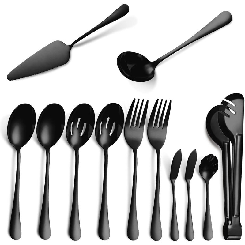 Ensemble d'ustensiles de service de 12 pièces en acier inoxydable - comprend une cuillère à rainure, une fourchette de service, des pinces, une louche à soupe, un service à tarte, un lave-vaisselle pour le buffet, la restauration et un usage domestiq