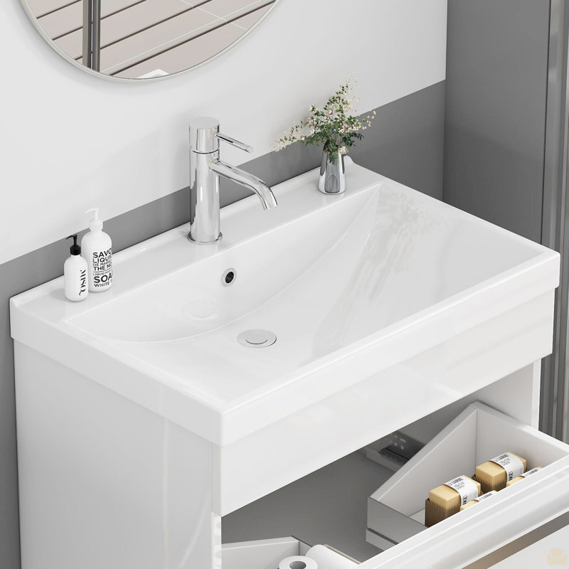 Comptoir de meuble-lavabo de salle de bain 24 po, lavabo en céramique, lavabo en céramique épaissie de 2,6 po, sans robinet ni drain