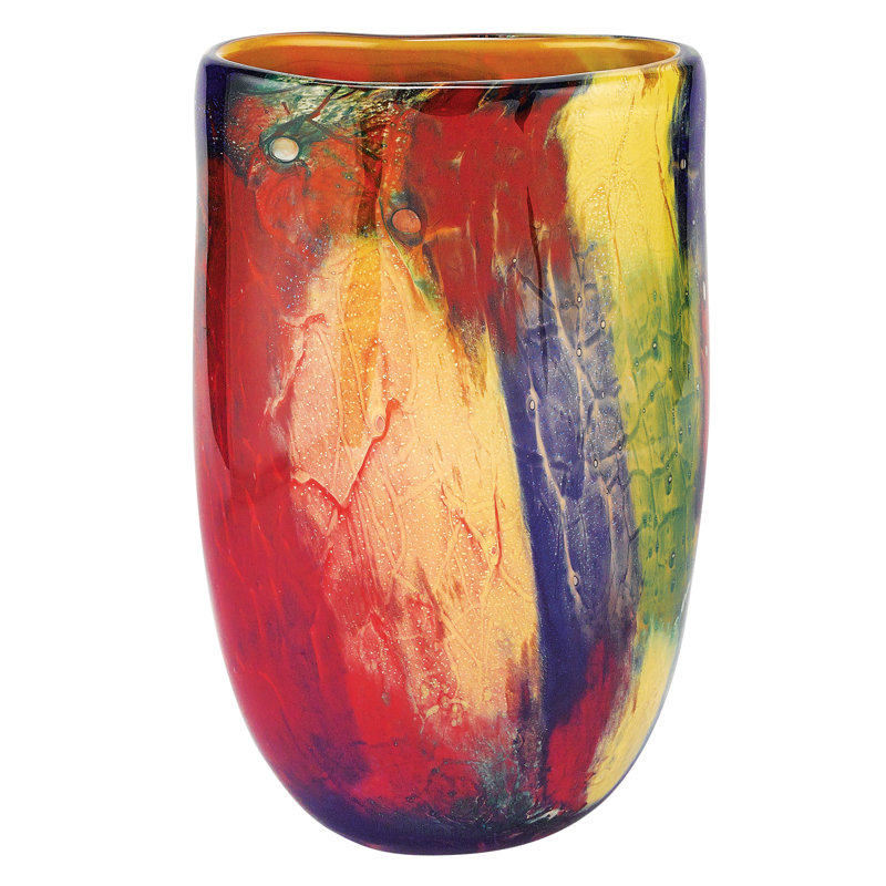 Vase de table en verre de Murano abstrait rouge mauve et jaune 11 po Glenola