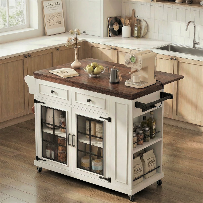   39.8"W Kitchen Cart With Drop Leaf ，Power Outlet, Kitchen Island On Wheels With  Storage Cabinet & Glass Doors