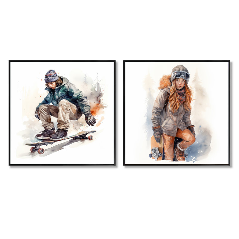 Skateboarder Charm In Winter - Ensemble de 2 collages carrés, Cadre flottant noir, H 16 po x l 33 po