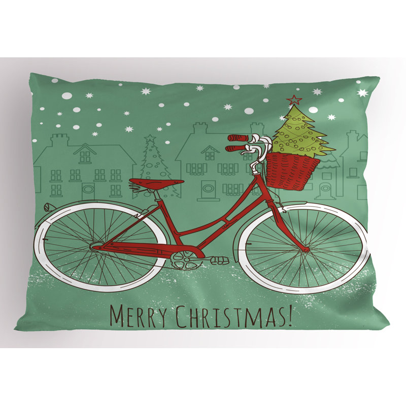 Christmas Retro Bike Almond Green Red White Pillow Shams 2 Pack