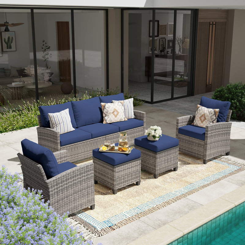 5 Piece Patio Conversation Set with Coffee Table and Cushions, Blue