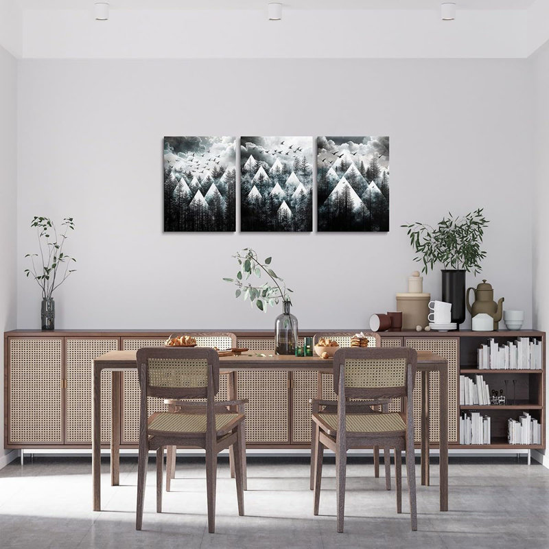 Abstract Tree Canvas Wall Art Set of 3,Misty Forest Woodland Pictures Wall Decor for Bedroom Living Room,Bird Tree Landscape Poster Prints Aesthetic Artwork for Walls