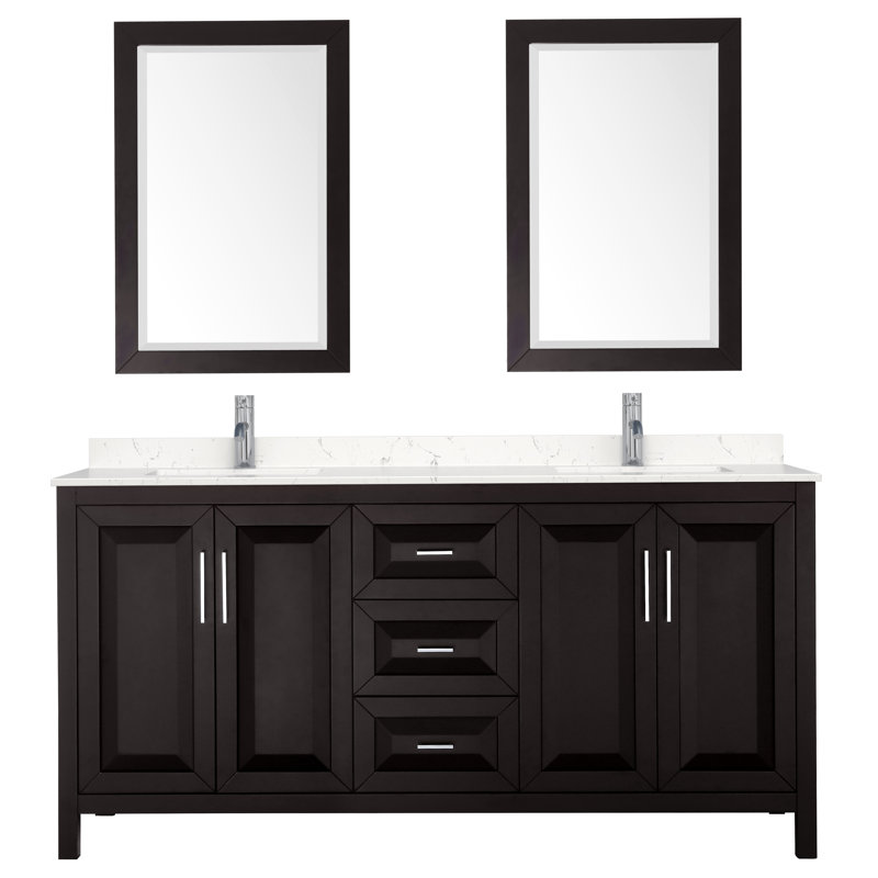 Ensemble de meuble-lavabo double 72 "avec miroir Daria, Marbre de culture de Carrare, Espresso foncé, Chrome poli