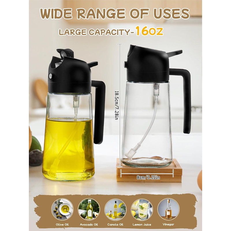 Ensemble de 2 pulvérisateurs d'huile et distributeur 2-en-1 bouteilles en verre 16 oz noir