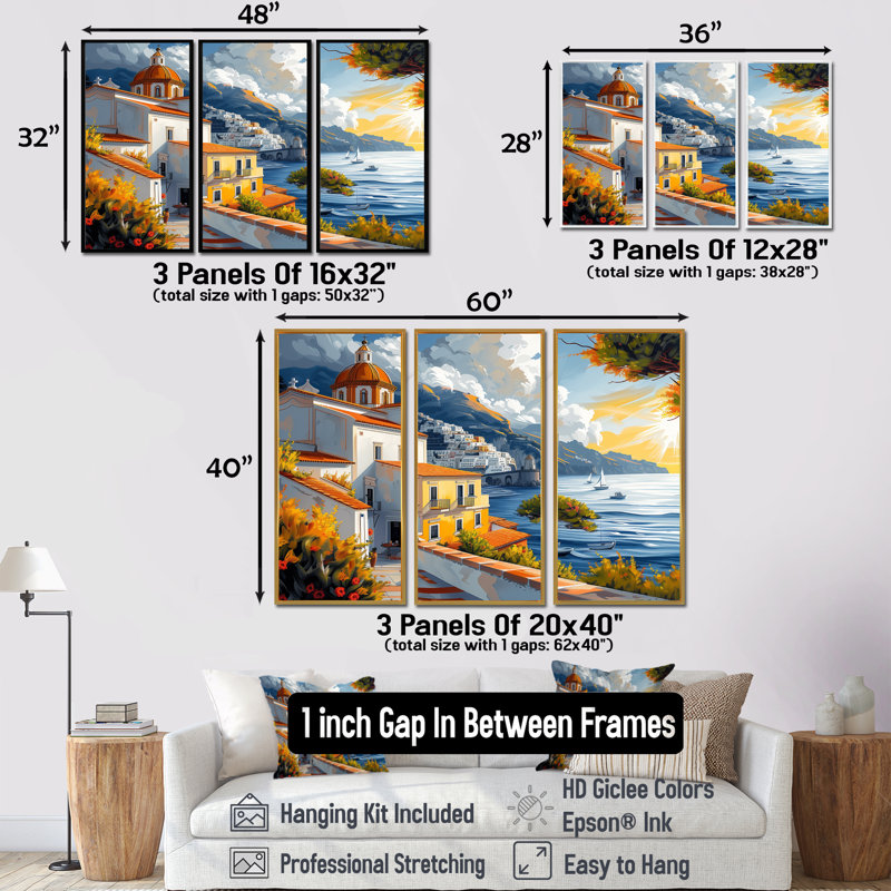 Ensemble d'art mural rétro de la côte d'Amalfi II - Italie, Toile avec cadre flottant brun, H 28 po x l 36 po x P 1 po