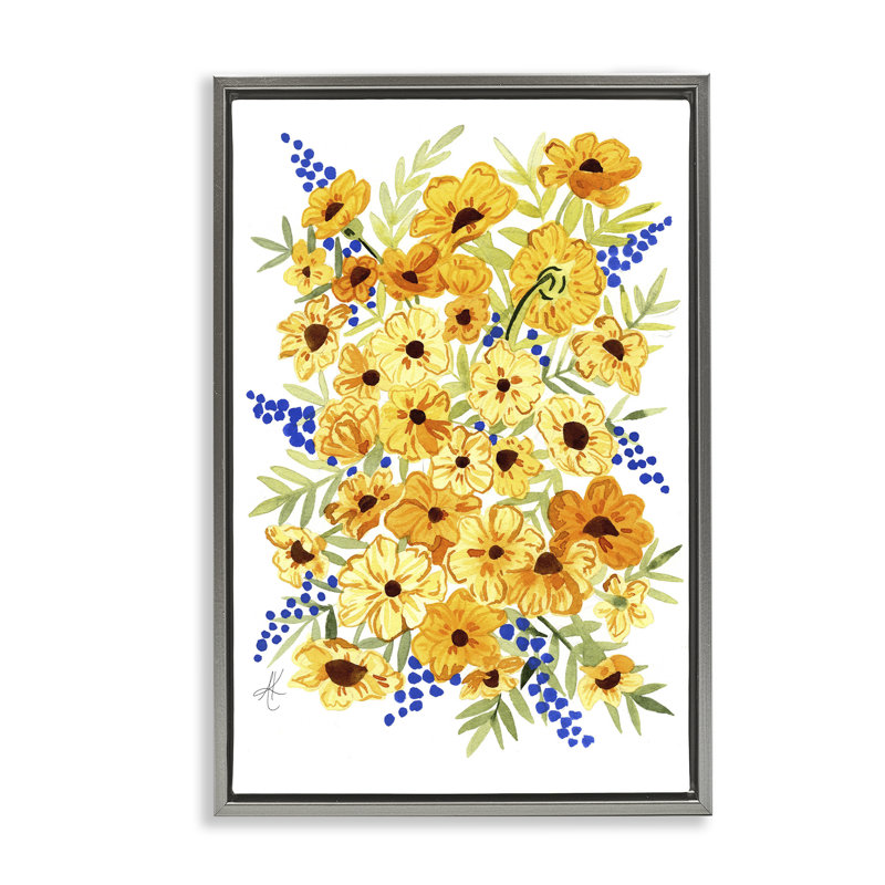 Toile flottante encadrée "Golden Cosmos Flowers" par Alexandria Gilbert Kincaid, Cadre flottant gris lustré