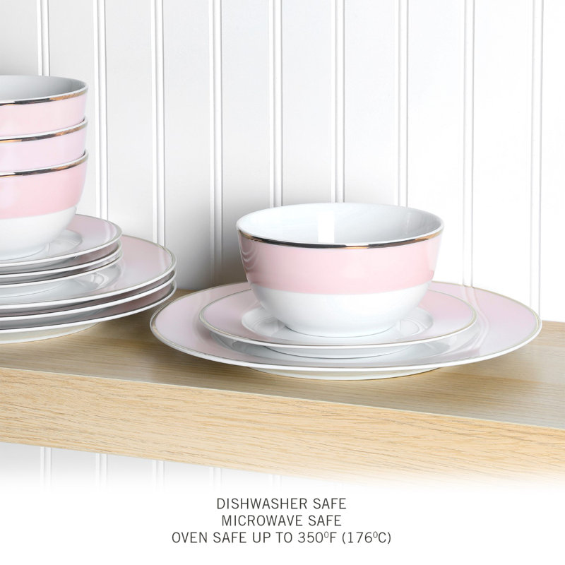 Pink Porcelain Coastal Dinnerware Set with Gold Rim, Service for 4