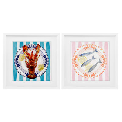 Lobster & Sardines Plates 2pc Framed Print Under Glass Set, design by Christie Adams