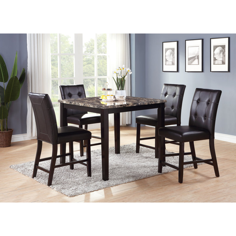 Table de salle à manger moderne en faux marbre brun foncé avec placage en bouleau