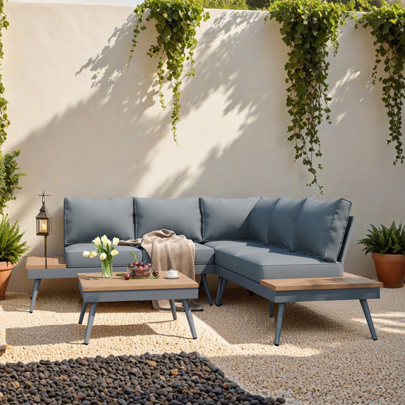 Canapé modulaire en L pour patio avec table d'appoint, canapé modulaire pour l'extérieur, Gris