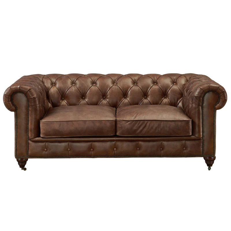 Jarique 72" Genuine Leather Rolled Arm Chesterfield Loveseat, Bark Brown Genuine Leather