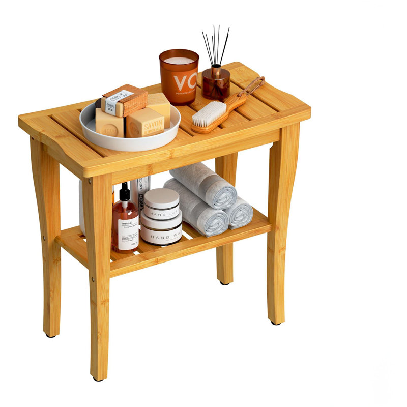 Bamboo Shower Bench Stool With Storage Shelf, Waterproof Shower Chair Spa Bath Seat, Shower Stool For Inside Shower, Bathroom Bench Seat