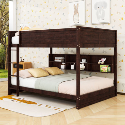 Queen Over Queen Wood Bunk Bed With Built-In-Ladder And Shelves