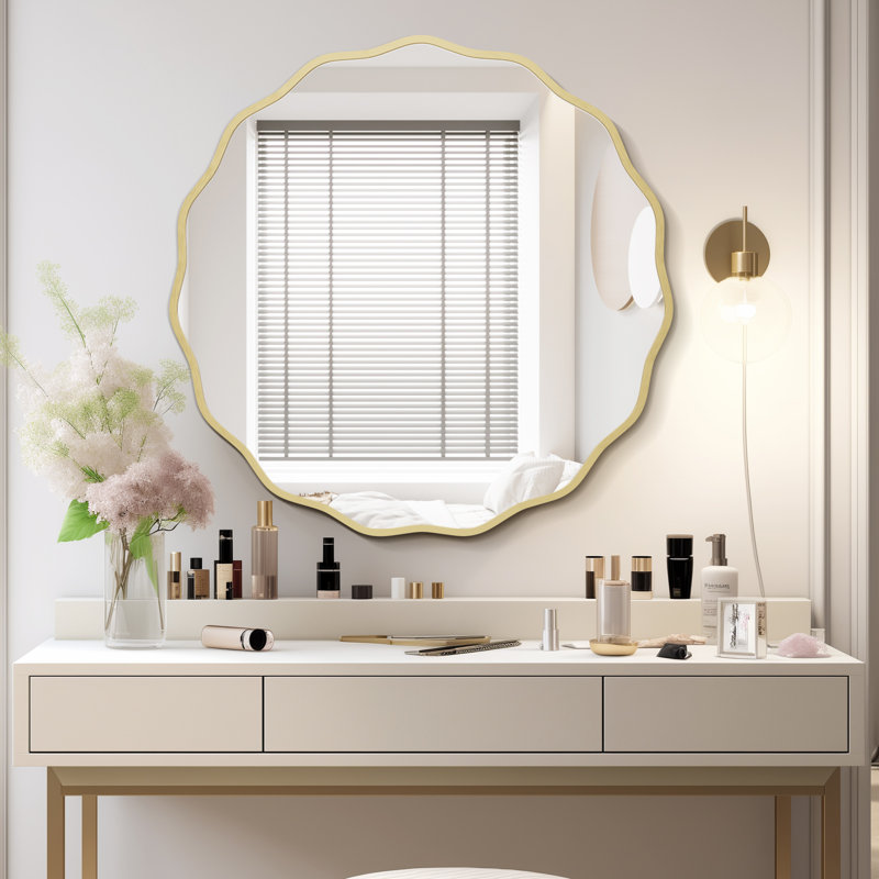 Elegant Gold Aluminum Round Wave Mirror, 32-inch