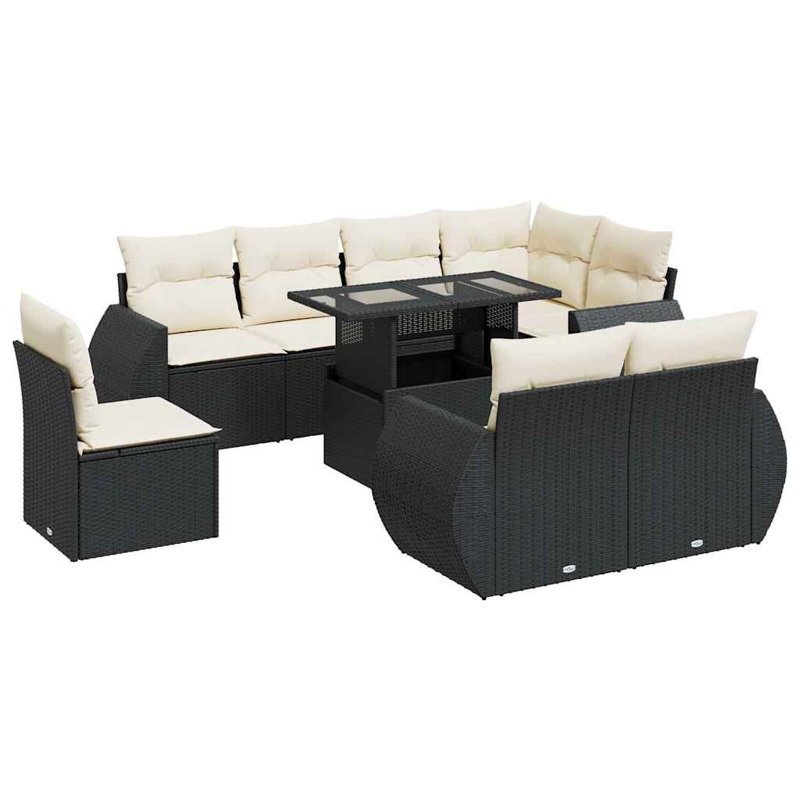 Ensemble de canapé de jardin en rotin PE noir, acier thermolaqué Vidaxl, verre trempé