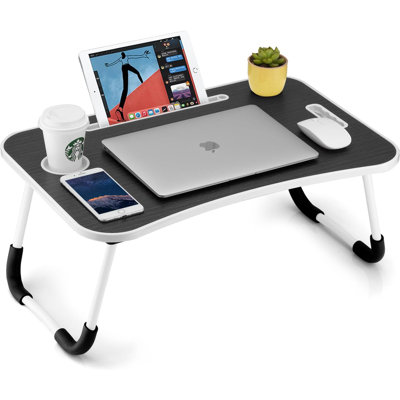  Black Foldable Laptop Table With Cup Holder, Tablet Slot & Handle – Portable Bed Tray Desk For Work, Study, Drawing & Eating