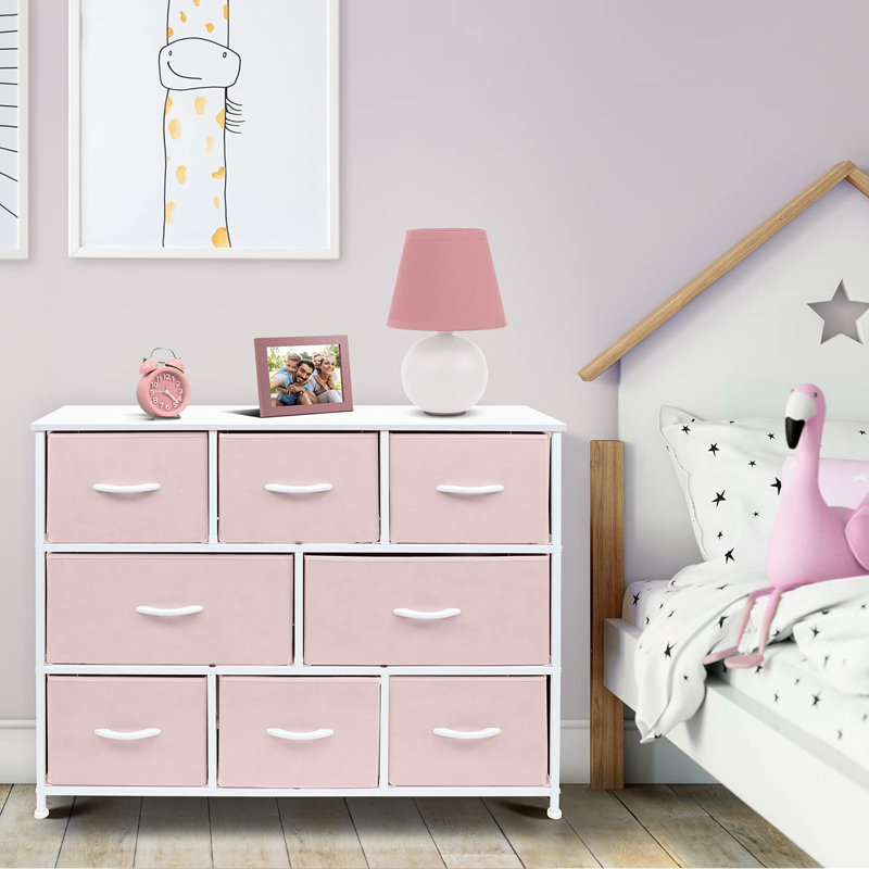 Sorbus 8 Drawers Wide Dresser with Steel Frame, Wood Top, and Fabric Bins, Pink