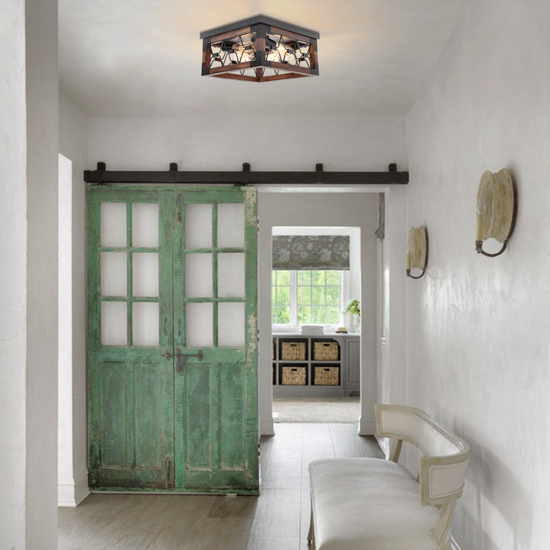 Lorang 4-light Metal Wood Frame Caged Unique Flush Mount Ceiling Light Fixture