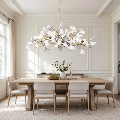 Grands lustres en céramique à feuilles de ginkgo avec structure en forme de branche en laiton pour la salle à manger