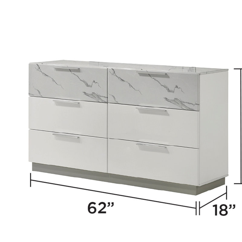 Commode blanche brume - Finition bicolore très brillante en marbre et laque avec six tiroirs spacieux, intérieurs doublés de velours
