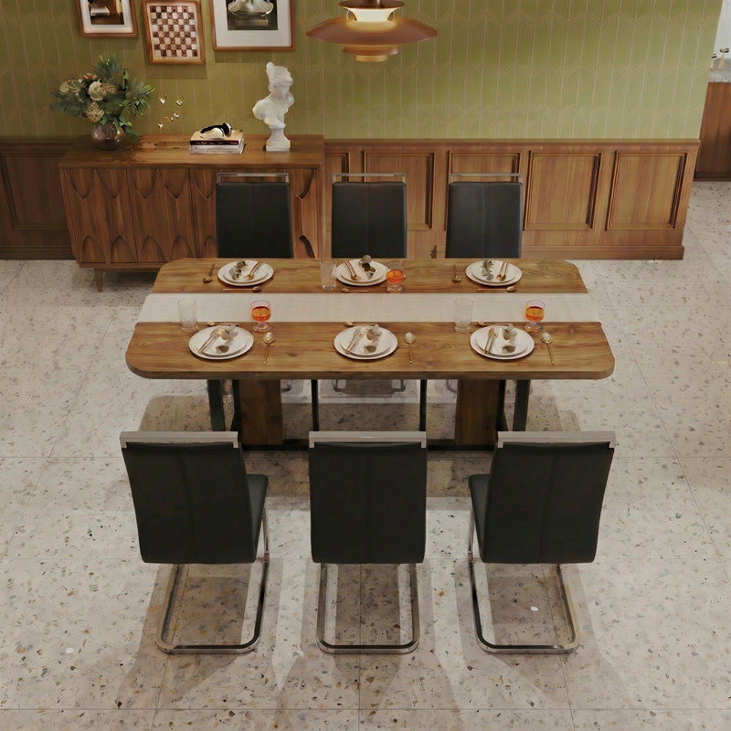 Mid-Century Modern 7-Piece Rectangular Dining Table Set with Upholstered Cantilever Chairs, Black