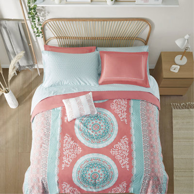 Twin Comforter With Sheets - Coral Medallion Theme, Embroidered Shams, Bedroom Addition Size And Sheet Accent, , Quality Bedding