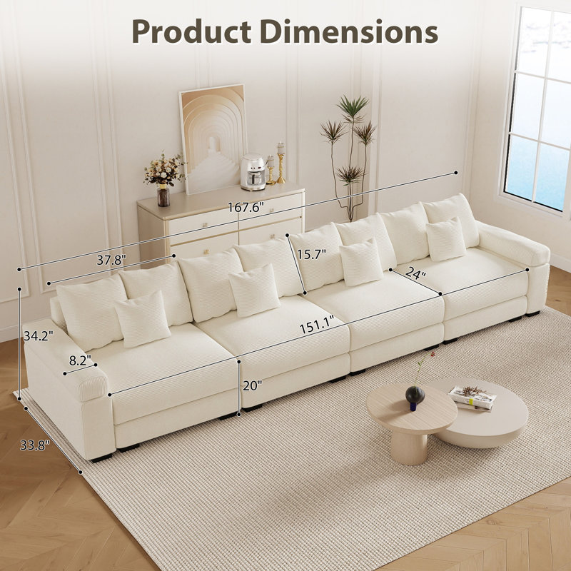 Canapé modulaire profond 4 pièces 167,6 "avec coussins et accoudoirs rembourrés en velours côtelé 167,6"