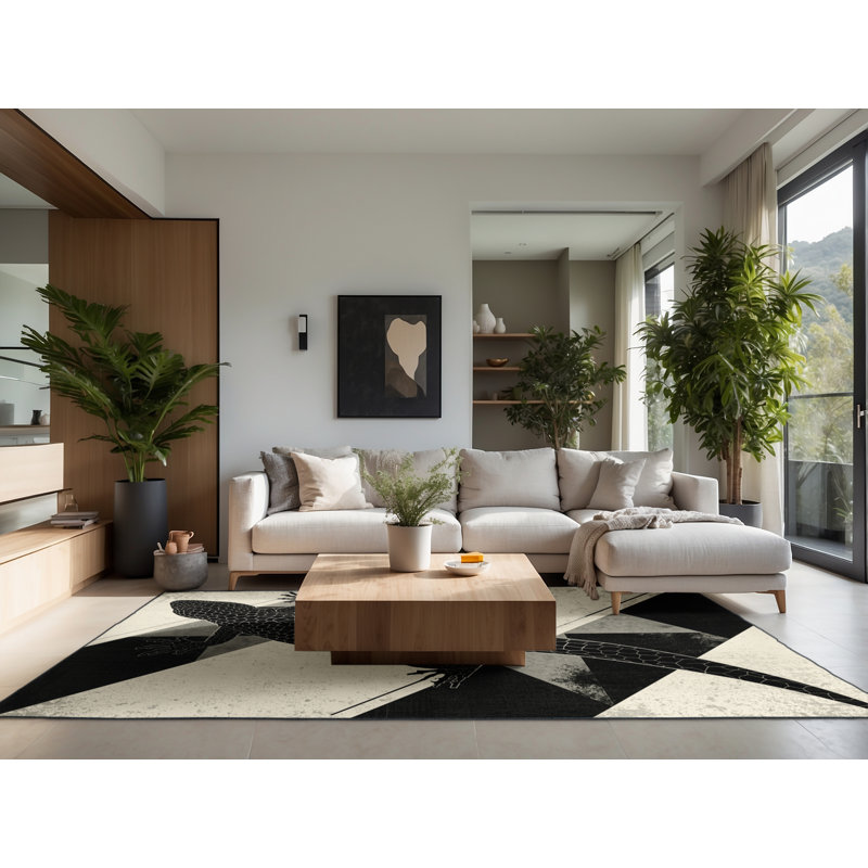Tapis beige à motif géométrique moelleux et moelleux de couleur moelleuse - noir, 8 x 12