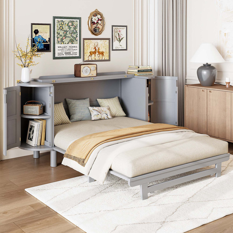 Lit escamotable avec rangement caché et conception tissée moderne, gris, Grand