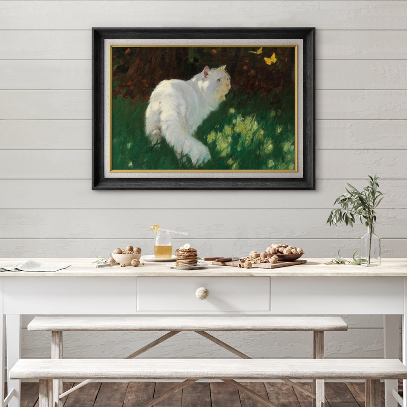 Art de chat blanc dans un pré vert, images de salon, impression sur toile encadrée sur toile., Black Premium Frame