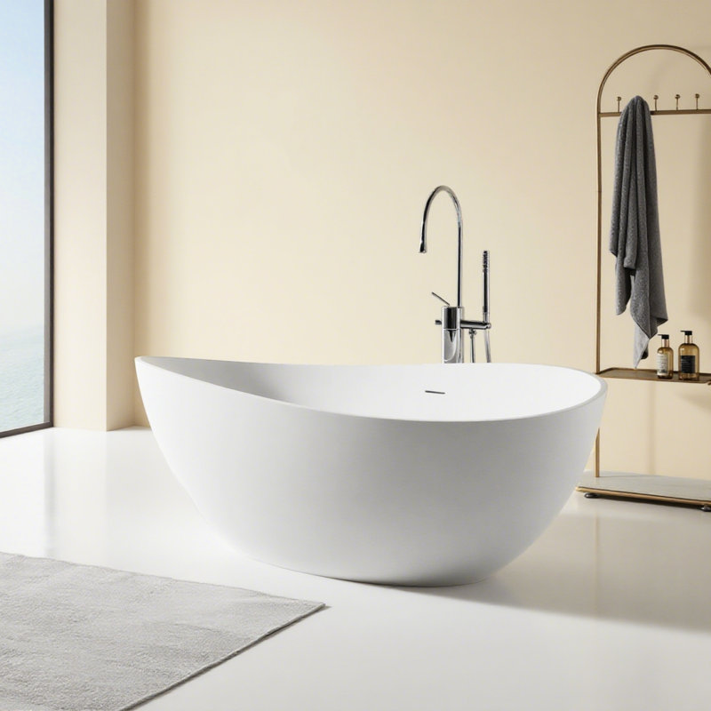 63" Freestanding Soaking Bathtub With Engineered Stone Resin, Matte White, Wide Inner Dimensions, - Stain Surface, Quick Drainage Resin Bathtub, Ergonomic Design, Long Lasting Warm, Efficient