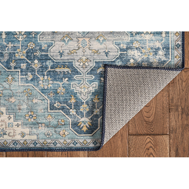 Ducote Washable Teal and Ivory Machine Woven Area Rug, Rectangle 2' x 3'
