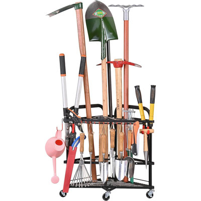 Garden Tool Organizer With Wheels And Storage Hooks, Rolling Corner Tool Storage Rack For Garden, Shed, Garage, Powder Coated Steel